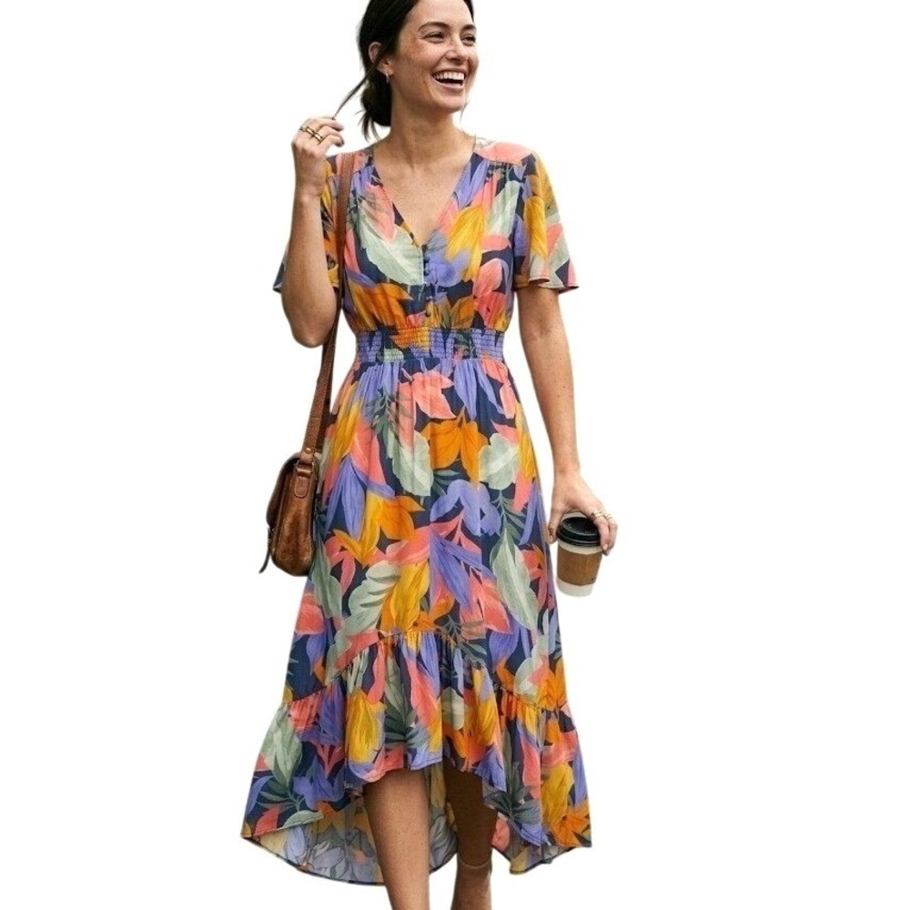 Vivid Tropical Leaf High-Low Maxi Dress - Multicolor